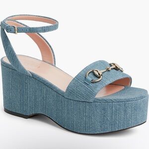Authentic Gucci Lady Horsebit Ankle Strap Wedge Sandal Denim Blue New 9 US 39 EU